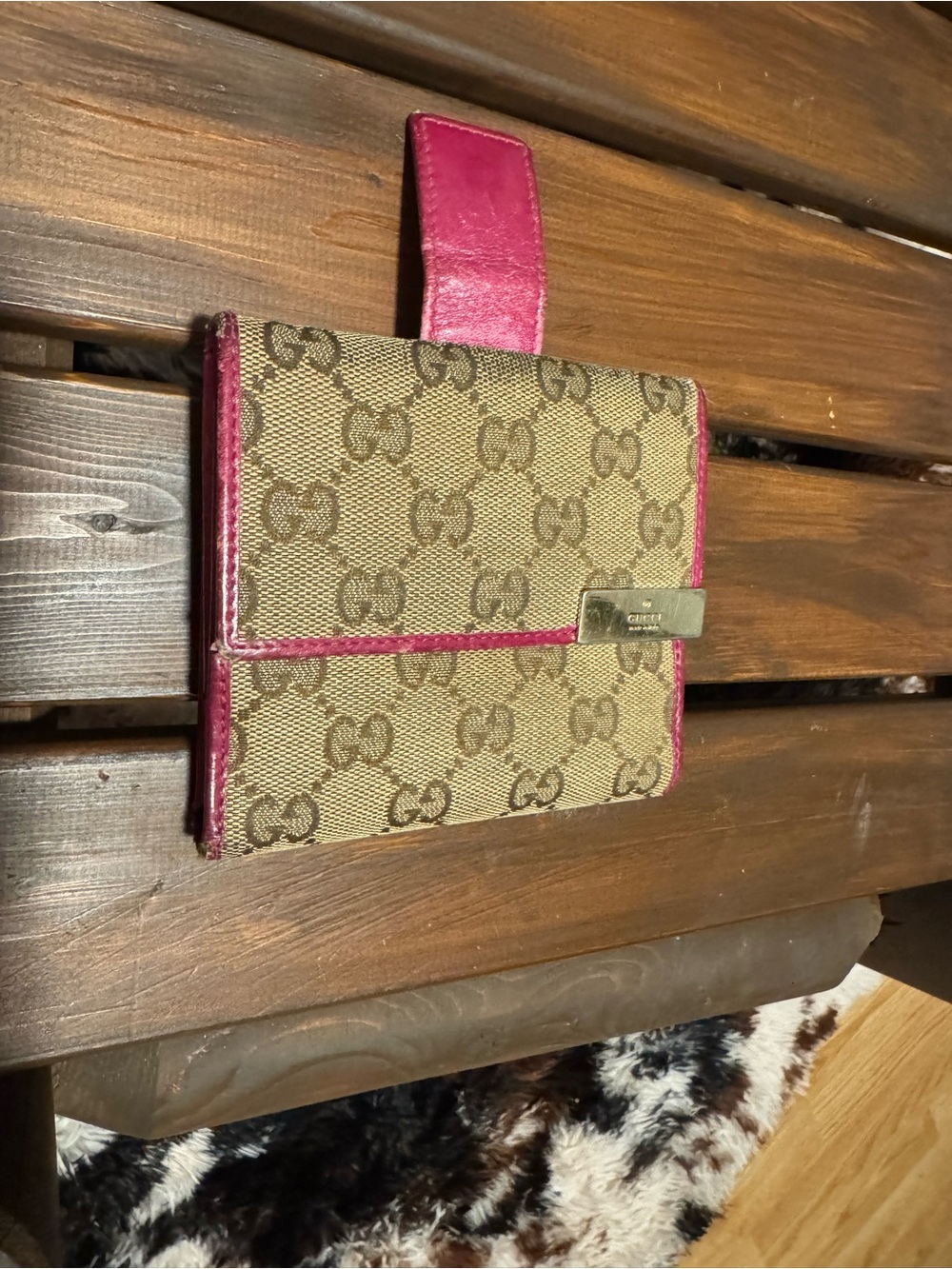 Gucci Beige Monogram Wallet with Pink Trim and Gold Plaque
